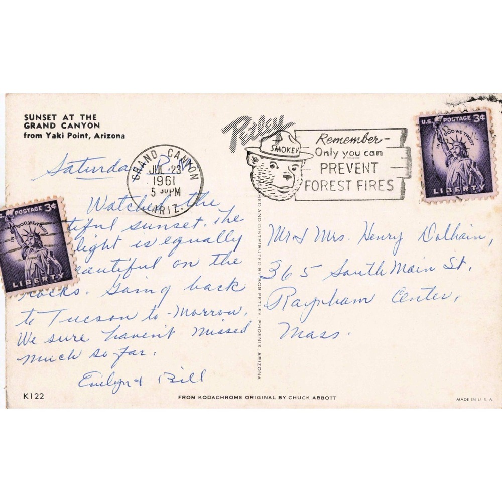 Vintage Grand Canyon Sunset Yaki Point Arizona Postcard 1961 Smokey Bear Stamp - Picture 2 of 2